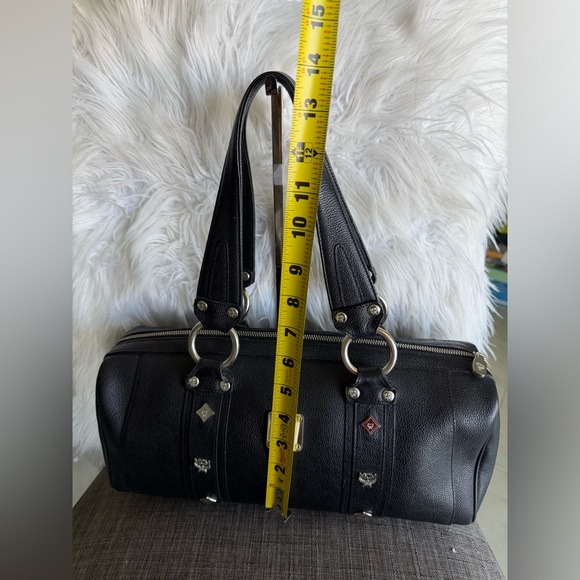 MCM Black Leather Barrel Satchel with Gold Accent Plate - Picture 7 of 12